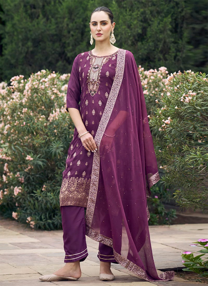 Wine Viscose Rayon Silk Embroidered Straight Pant Suit After Six Wear