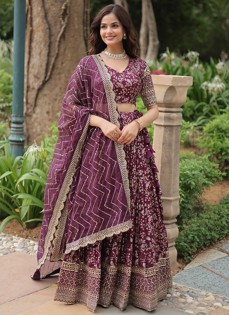 Wine Viscose Silk Jacquard Embroidered Sequins Gorgeous Lehenga Festive Wear