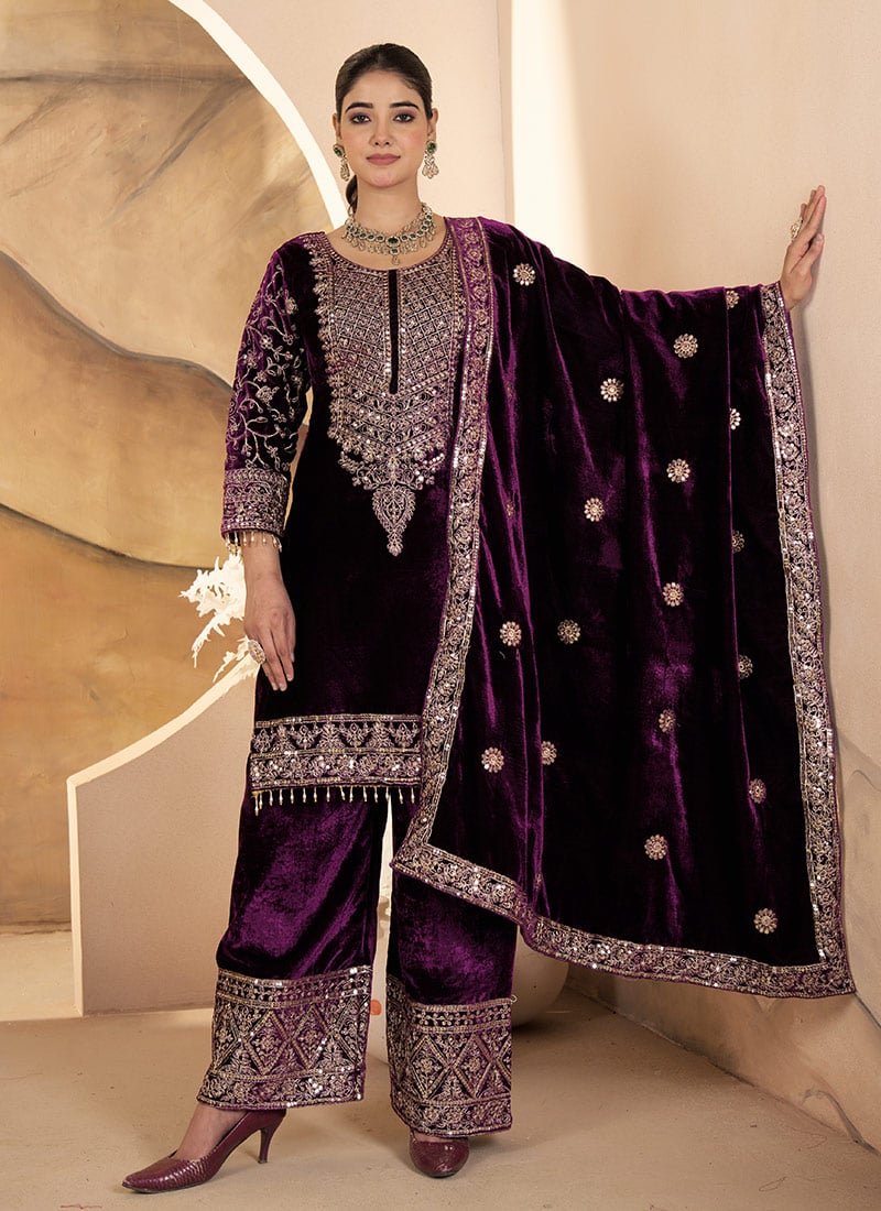 Wine Viscose Velvet Embroidered Sequins Palazzo Suit Festive Wear