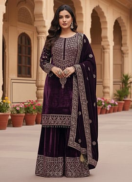Wine Viscose Velvet Embroidered Sequins Palazzo Suit