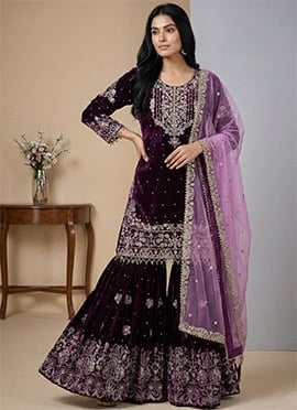 Wine Viscose Velvet Embroidered Sequins Sharara Suit