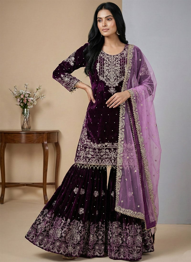 Wine Viscose Velvet Embroidered Sequins Sharara Suit Festive Wear