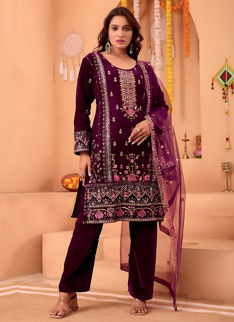 Wine Viscose Velvet Embroidered Sequins Straight Pant Suit