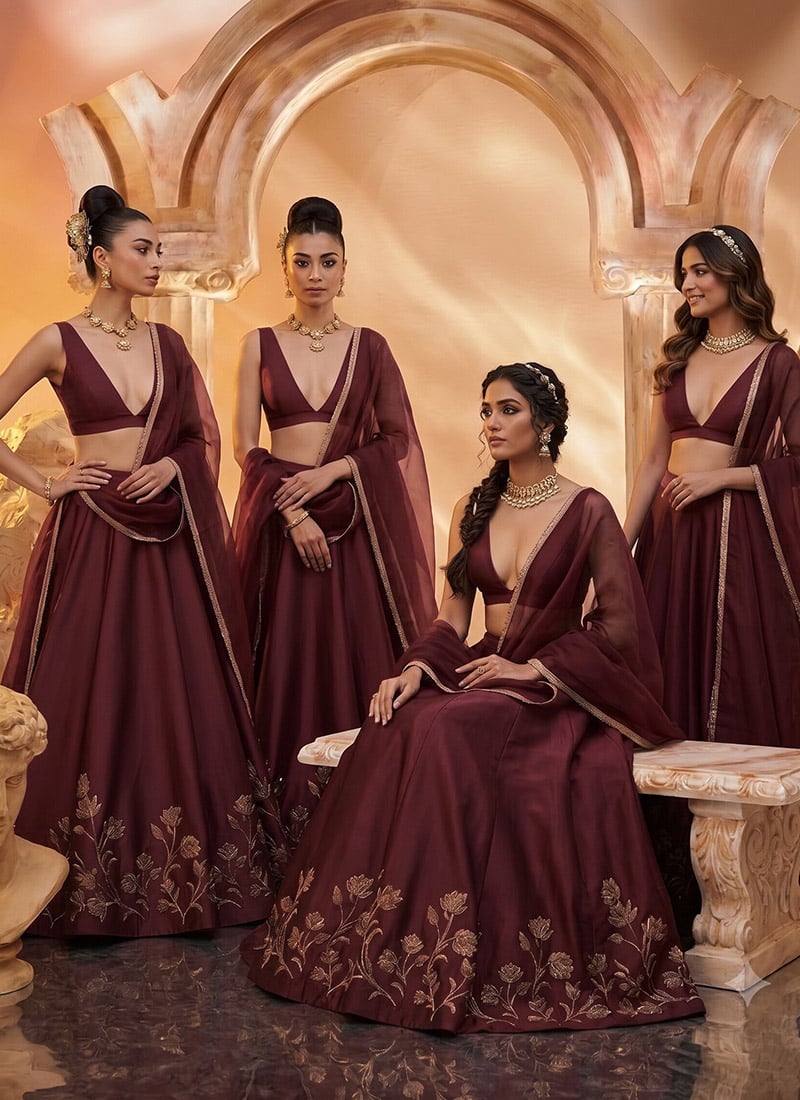 Wine Zardosi Resham Embroidered Lehenga Choli Wedding Wear