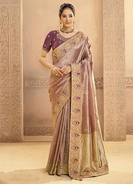 Wine Zari Tissue Silk Hand Embroidered Stones Sequins Saree