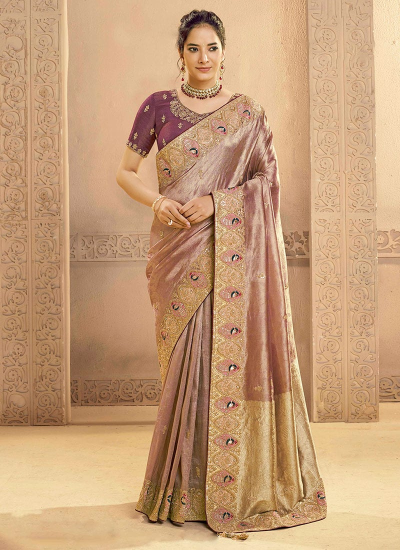 Wine Zari Tissue Silk Hand Embroidered Stones Sequins Saree Wedding Wear