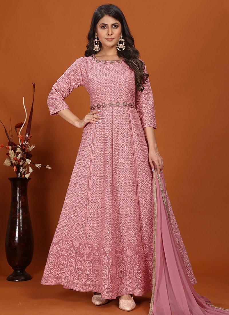 Women Anarkali Gown In Pink Faux Georgette Embroidered Sequins With Dupatta Party Wear