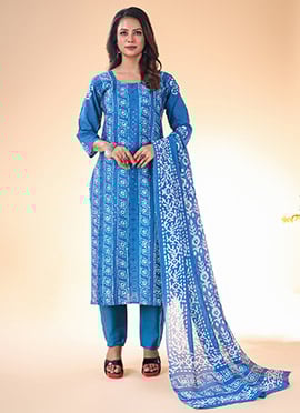 Women Blue Cotton Printed Kurta With Straight Pant Suit With Matching Dupatta