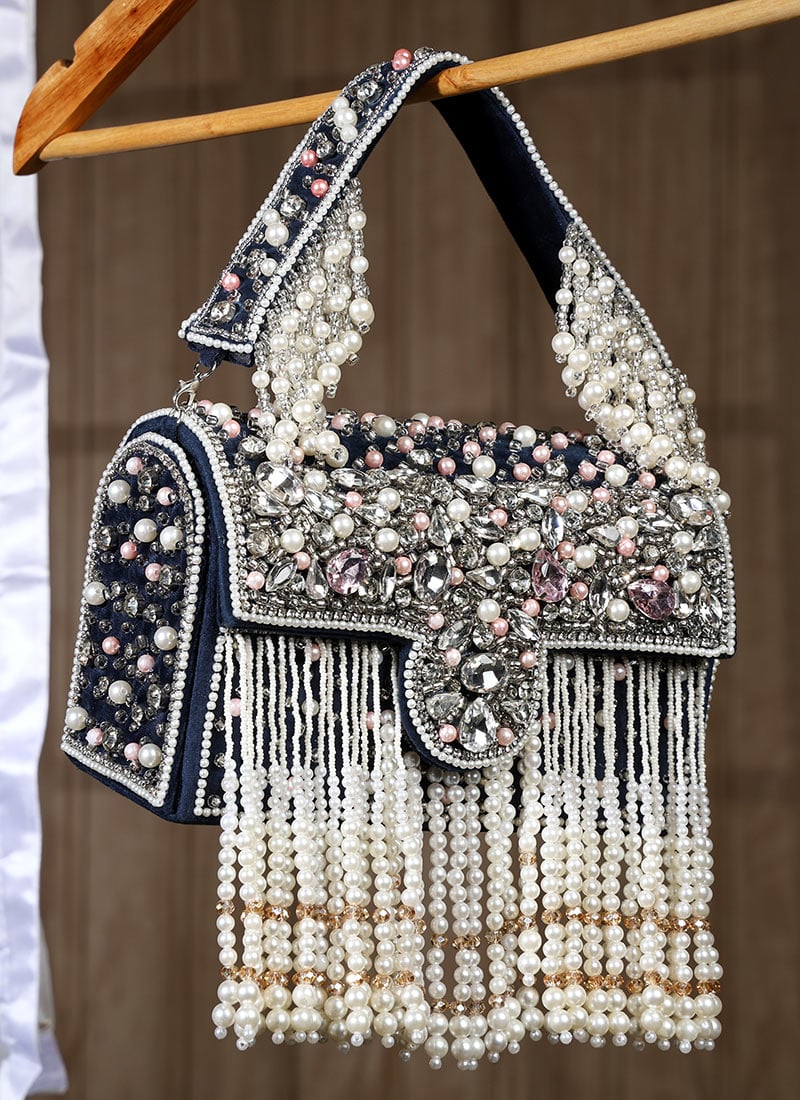 Women Crystal Beads And Moti Embossed Velvet Blue Hand Bag Party Wear