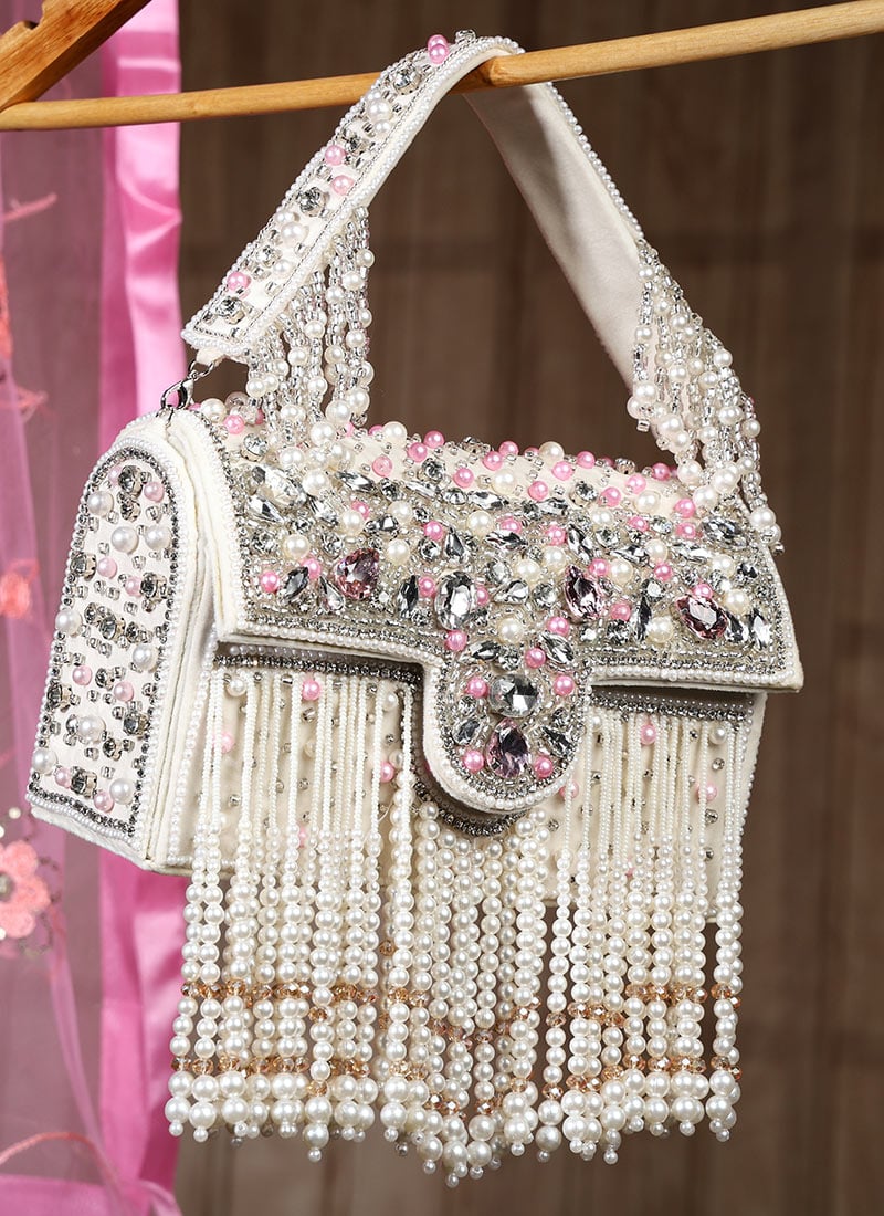 Women Crystal Beads And Moti Embossed Velvet White Hand Bag Party Wear