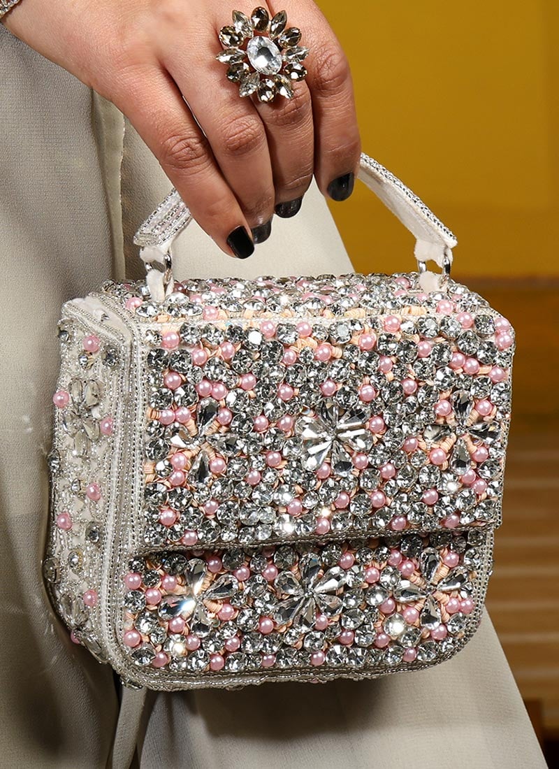 Women Crystal Stones And Moti Embossed Velvet Cut Dana Work White Hand Bag Party Wear-BAGDHOWLN54