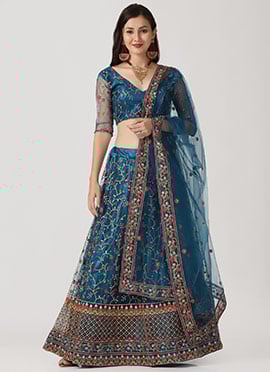 Women Embroidered Blue Net A Line Lehenga With Matching Choli And Dupatta