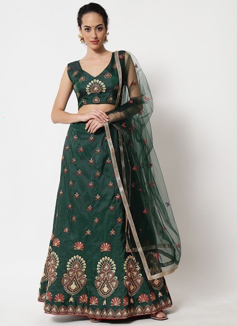 Women Embroidered Green Taffeta A Line Lehenga With Choli And Dupatta Party Wear