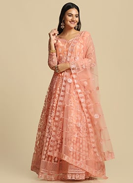 Women Embroidered Peach Net A Line Lehenga With Matching Choli And Dupatta
