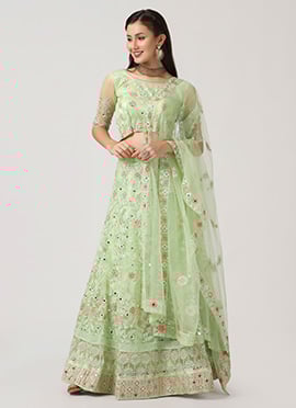 Women Embroidered Pista Green Net A Line Lehenga With Choli And Dupatta