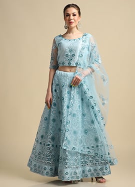Women Embroidered Sky Blue Net A Line Lehenga With Choli And Dupatta