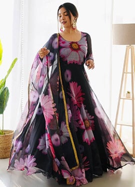 Women Floral Digital Print Black Organza Anarkali Suit With Dupatta After Six Wear