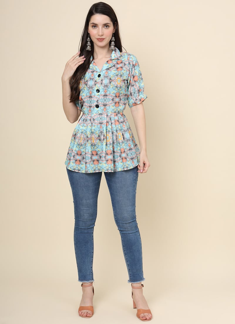 Women Formal Wear Mint Green Cotton Printed Short Kurti After Six Wear