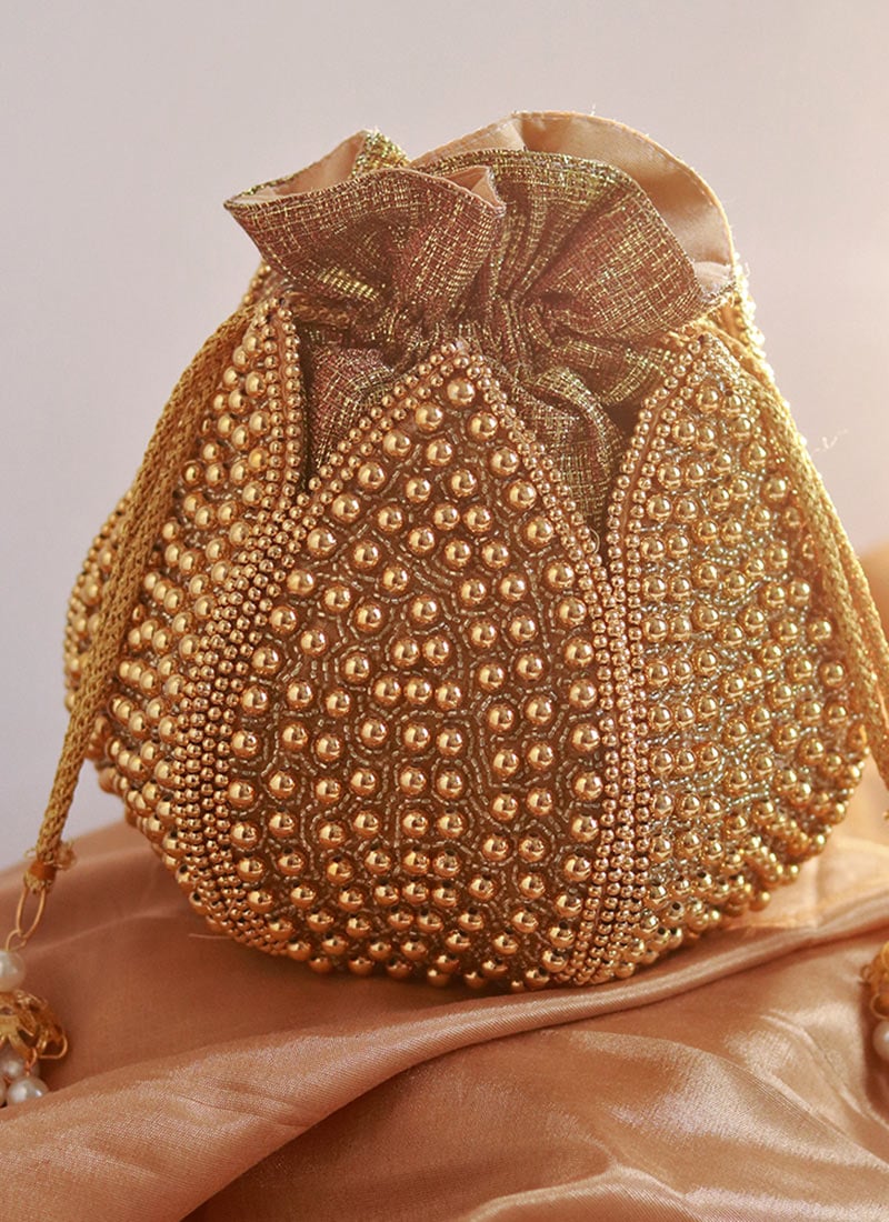 Women Golden Silk Beads And Moti Lotus Potli Party Wear