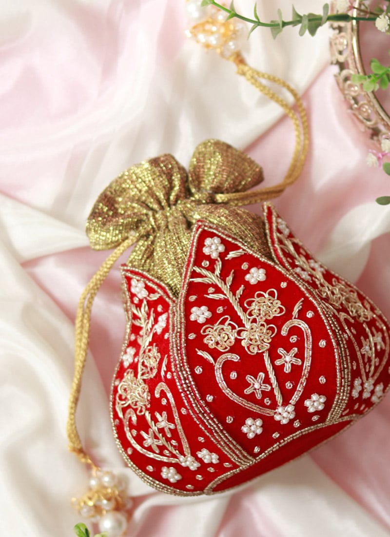 Women Golden Silk Beads And Moti Sequins Lotus Potli Party Wear