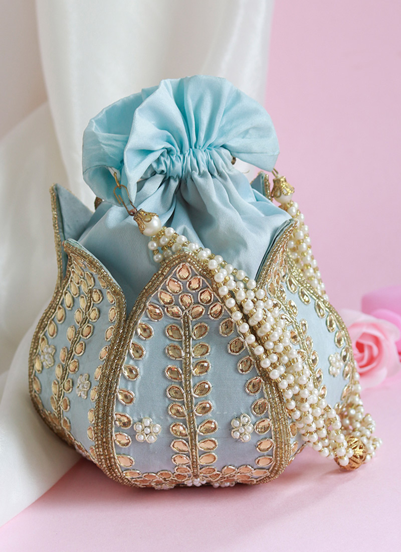 Women Golden Silk Beads Moti And Stone Lotus Potli Party Wear