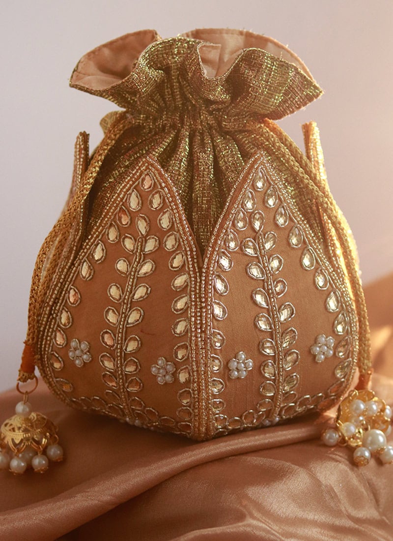 Women Golden Silk Beads Moti And Stone Lotus Potli Party Wear