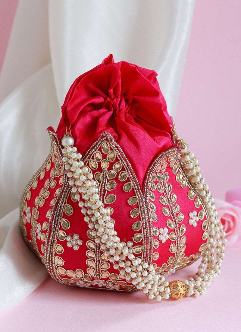 Women Pink Silk Beads Moti And Stone Lotus Potli Party Wear