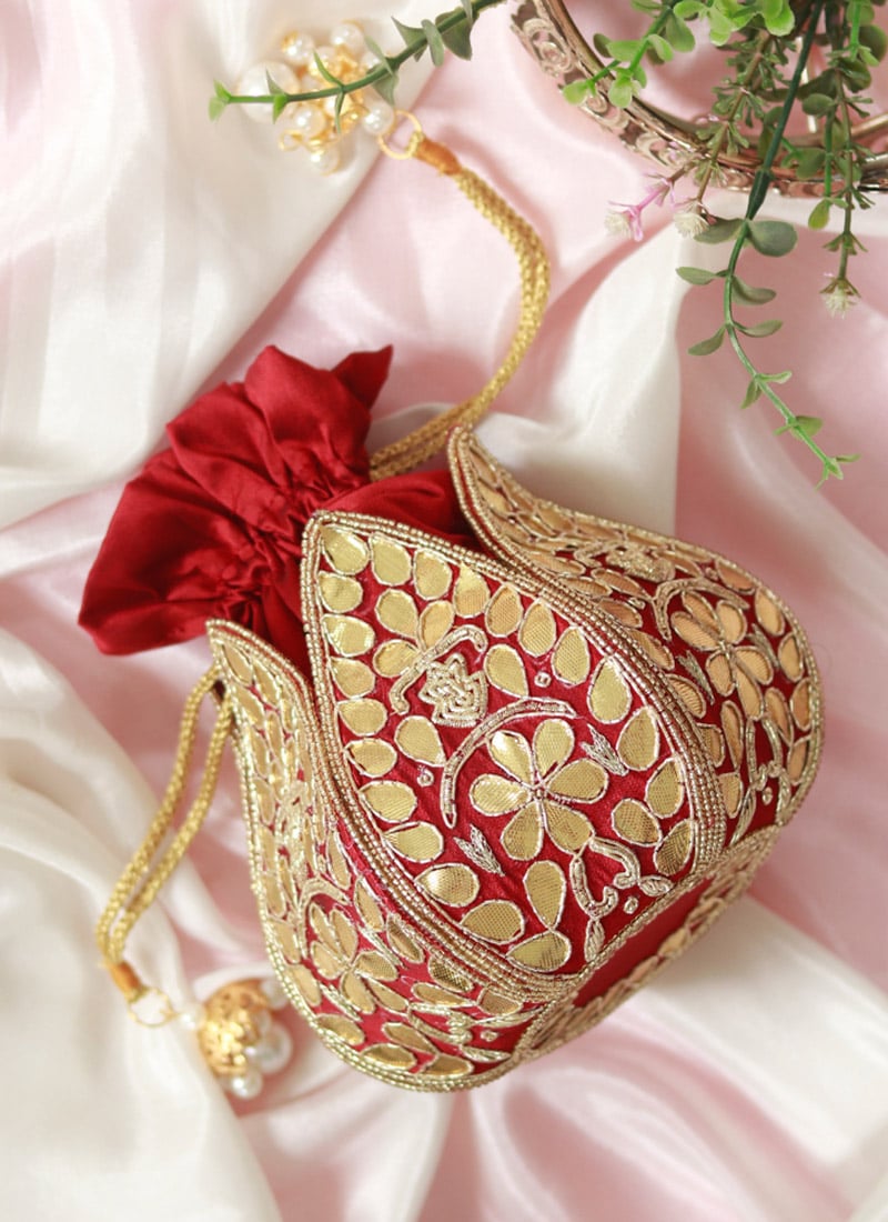 Women Golden Silk Cut Dana Work Beads And Stone Lotus Potli