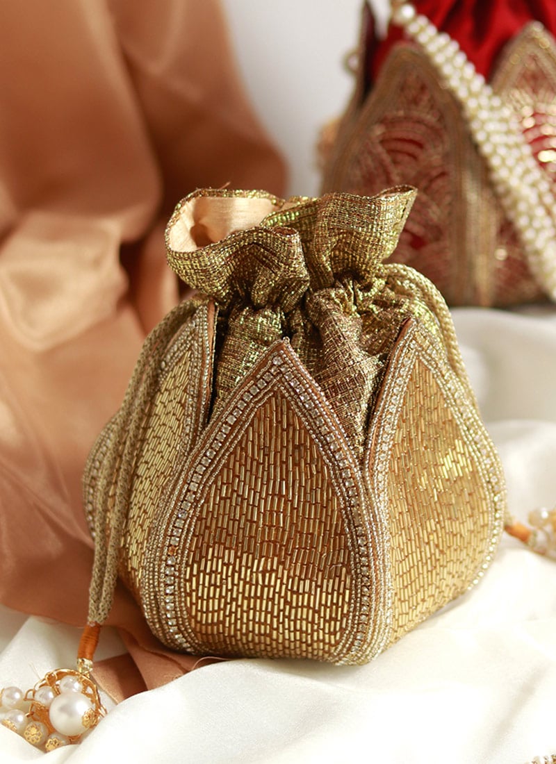 Women Golden Silk Cut Dana Work Beads Moti And Stone Lotus Potli