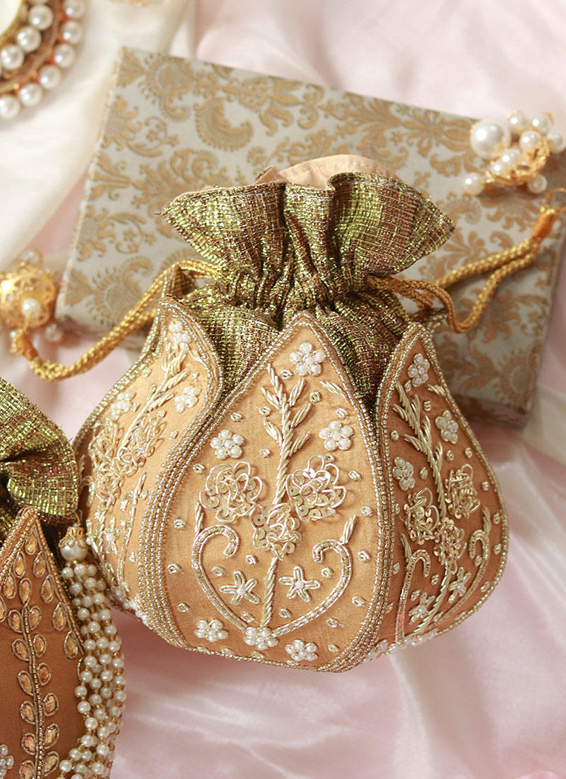 Women Golden Silk Sequins White Beads Moti And Stone Lotus Potli Party Wear