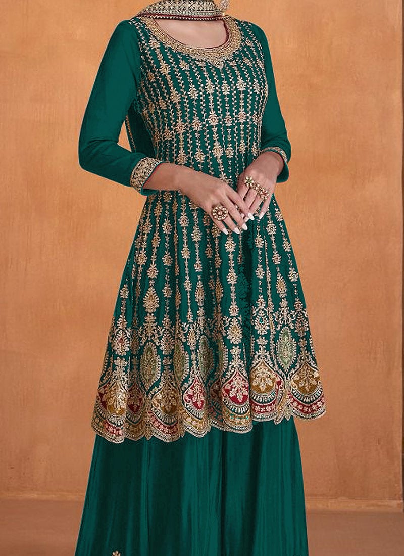 Green Faux Georgette Palazzo Suit