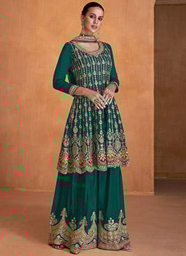 Women Green Faux Georgette Embroidered Sequins Palazzo Suits And Dupatta
