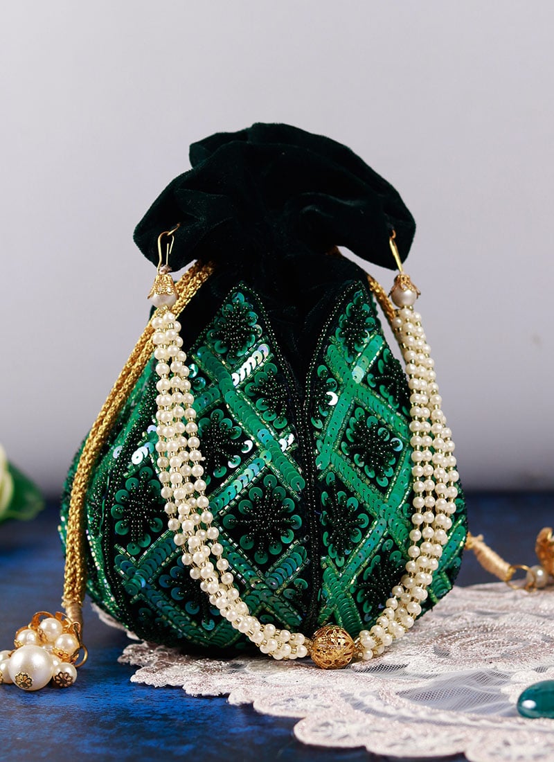 Women Green Velvet Sequins Beads And Moti Lotus Potli Party Wear