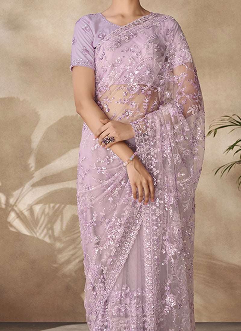 Lavender Solid Nylon Ready to Wear Saree