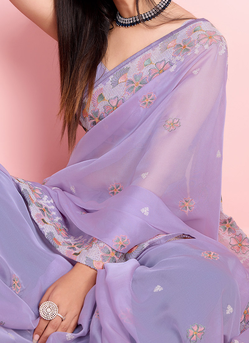 Women's Satin Silk Lavendar Embellished Designer Saree With Blouse Piece