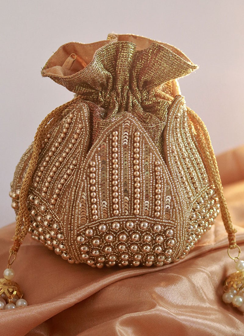 Women Light Blue Silk Beads Moti And Stone With Gota Work Lotus Potli