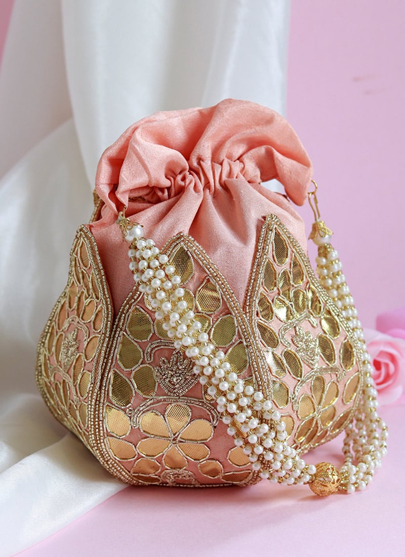Women Light Pink Silk Beads Moti Embossed With Gota Work Lotus Potli