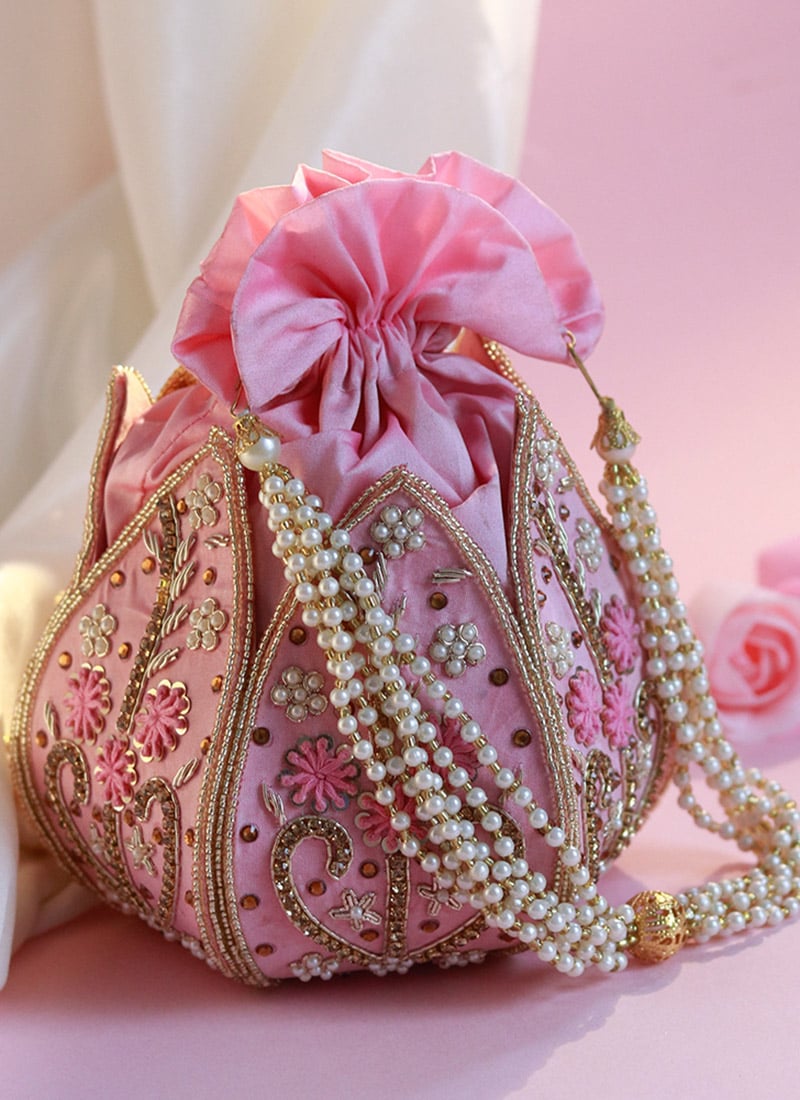 Women Light Pink Silk Embroidered Sequins Beads And Moti Lotus Potli Party Wear
