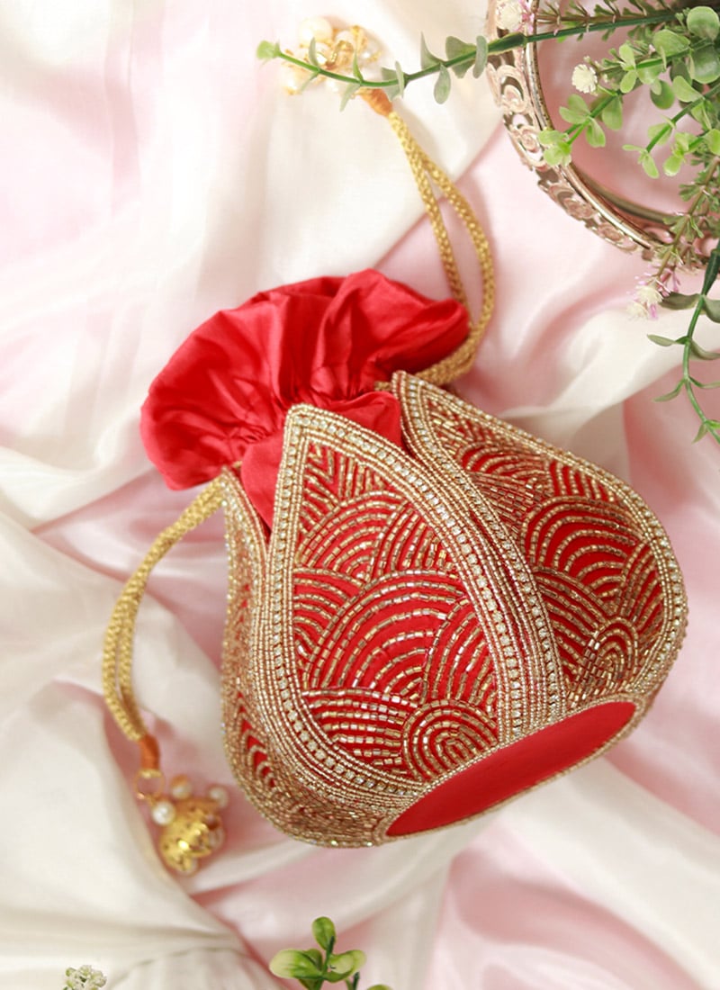 Women Maroon Silk Cut Dana Work Beads And Moti Lotus Potli