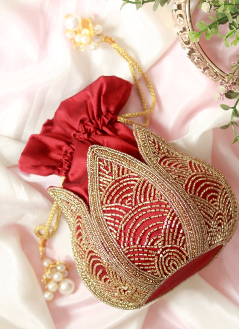 Women Red Silk Cut Dana Work Beads And Moti Lotus Potli Party Wear