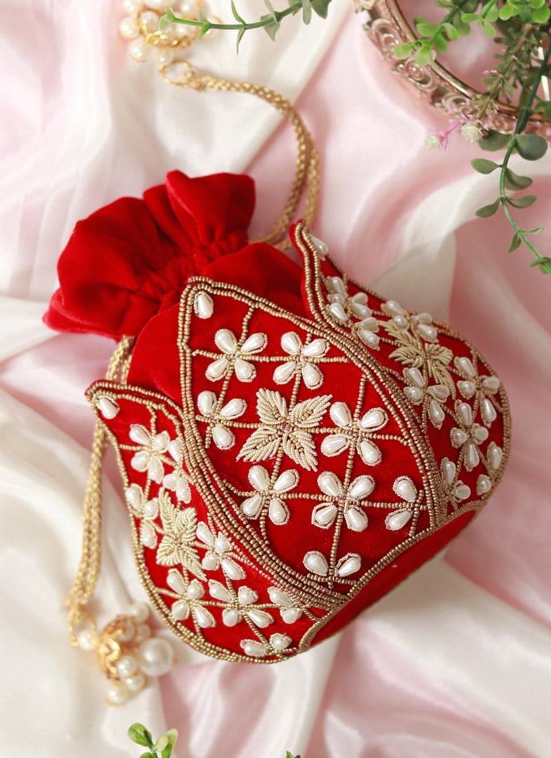 Women Red Silk Cut Dana Work Beads And Moti Lotus Potli Party Wear