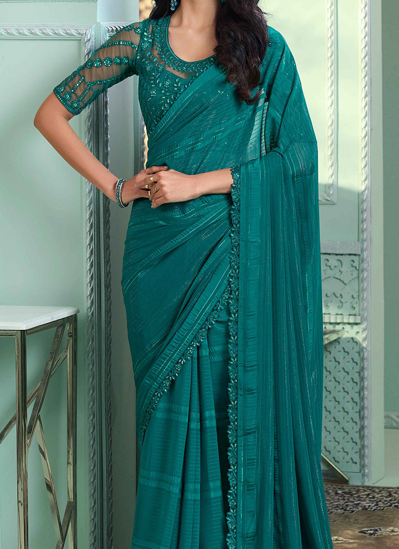 Minimalist Chiffon Saree x Lace Border : Teal Blue main image 1