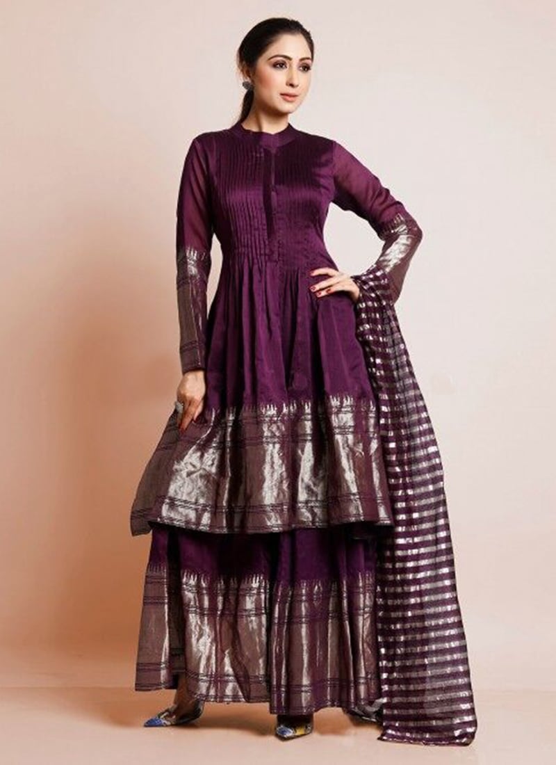 Women Sharara Suit In Wine Silk Jacquard Print Kurta And Dupatta Festive Wear