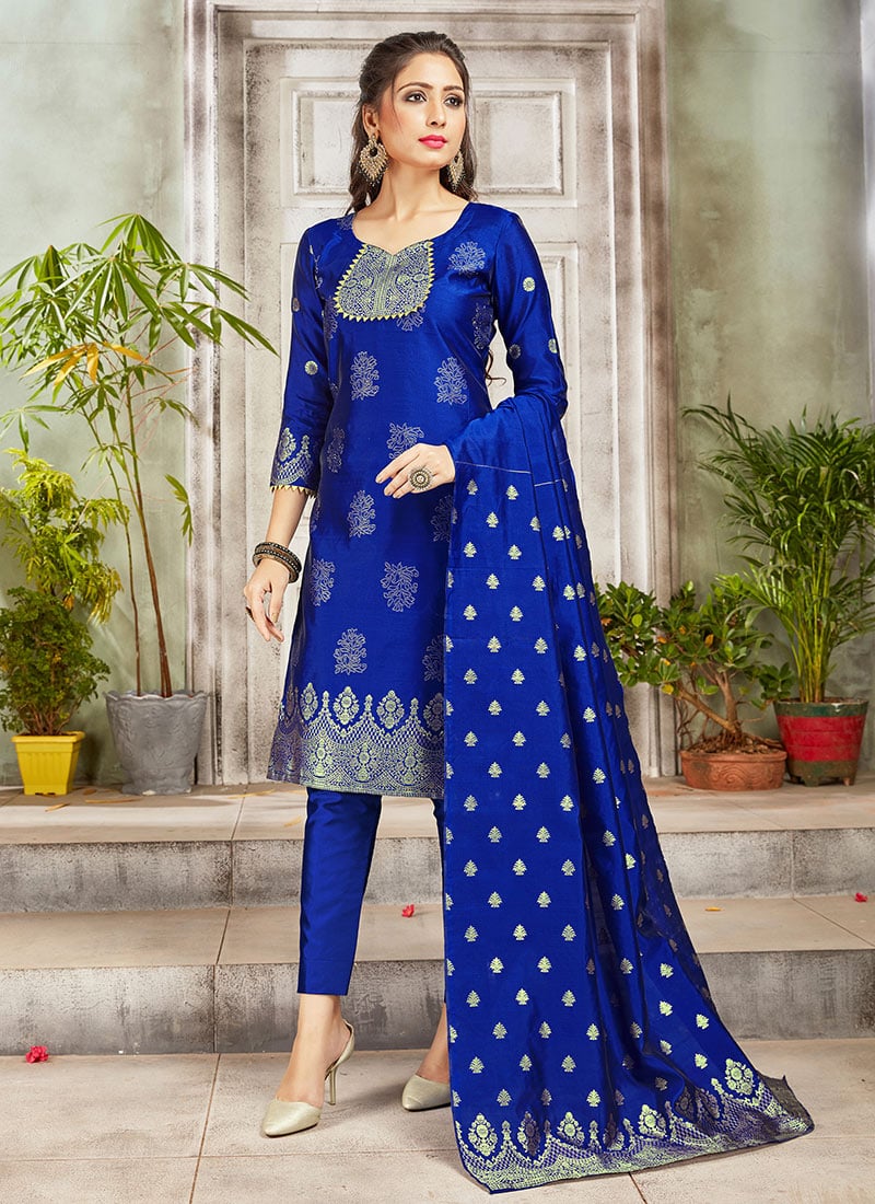 Women Straight Pant Suit In Blue Silk Jacquard Print Kurta And Dupatta Festive Wear