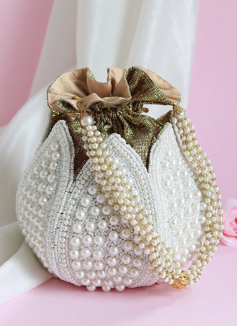 Women White Silk Beads And Moti Lotus Potli Party Wear