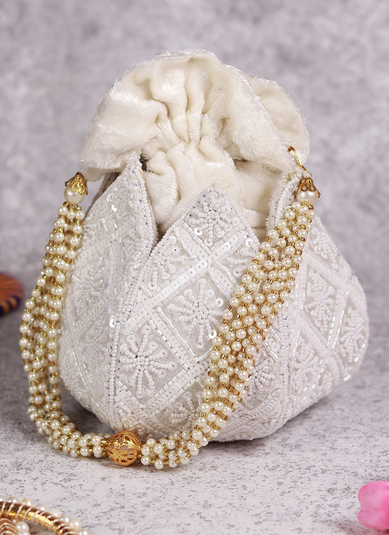Women White Velvet Sequins Beads And Moti Lotus Potli Party Wear