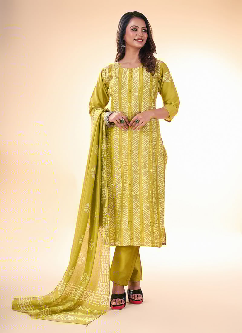 Women Yellow Cotton Printed Kurta With Straight Pant Suit With Matching Dupatta After Six Wear