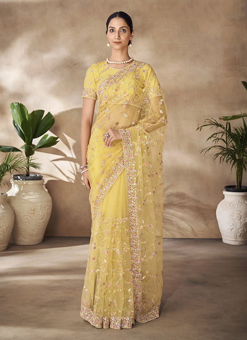 Women Yellow Net Thread Zarkan Work Sequins Saree With Matching Blouse Party Wear