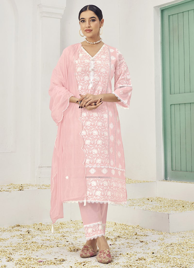 Womens Pink Cotton Embroidered Angel Sleeves Straight Pant Set With Dupatta