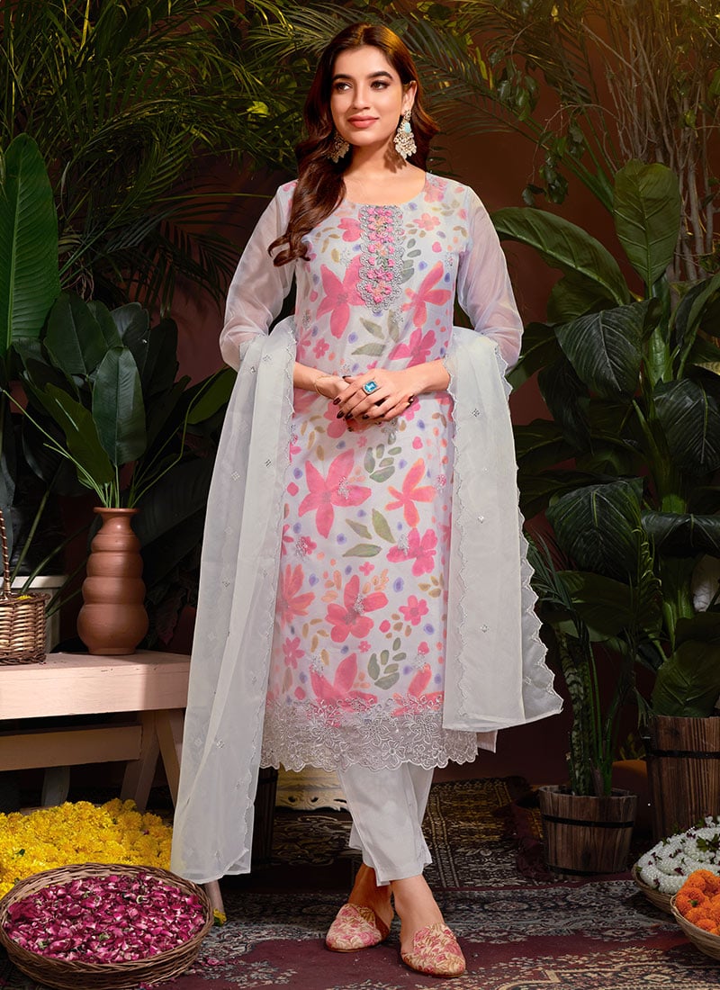 Womens Straight Pant Suit In Grey Organza Floral Digital Print Embroidered After Six Wear